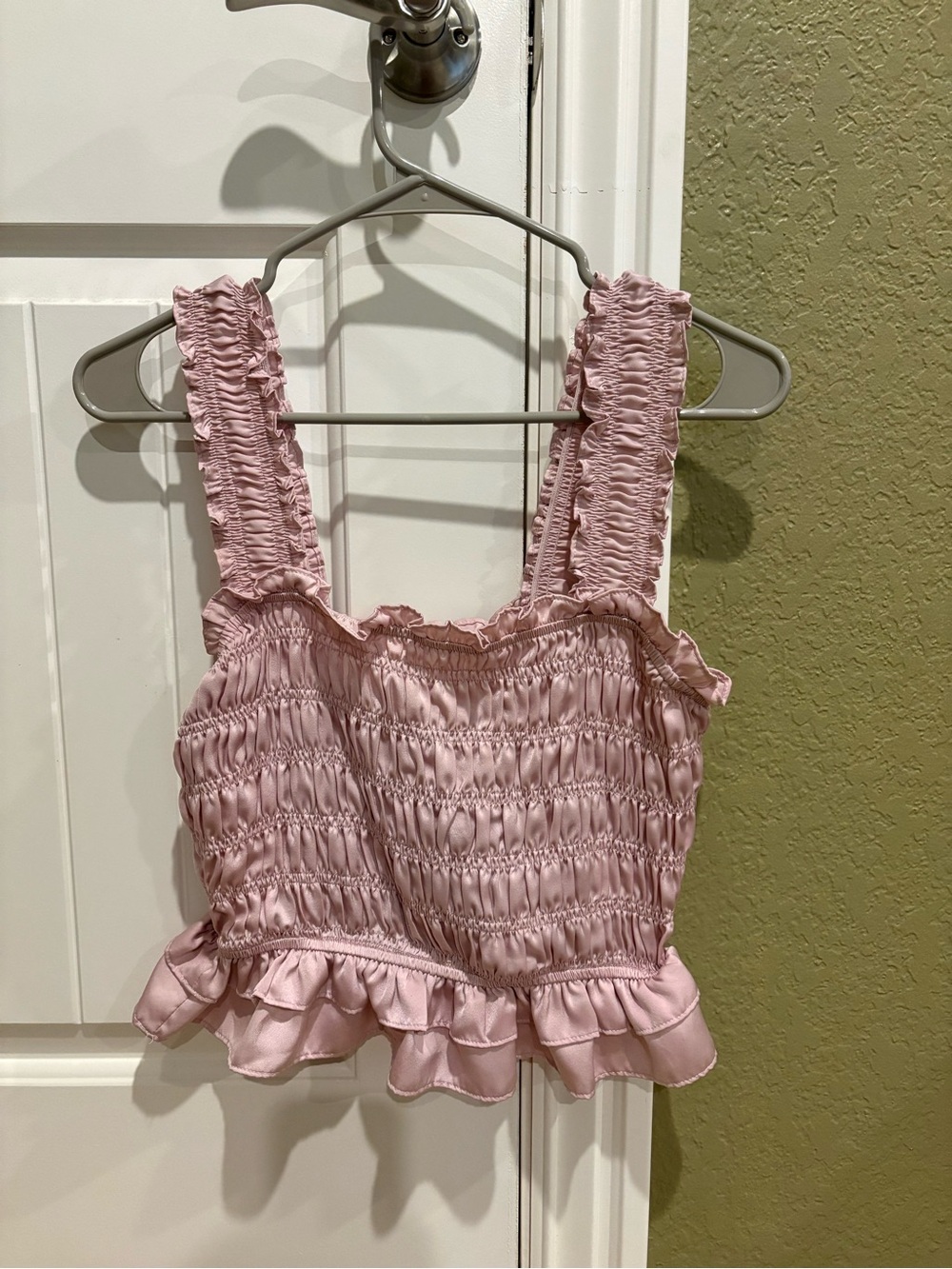 Smocked Ruffle Crop Tank Top - Pink